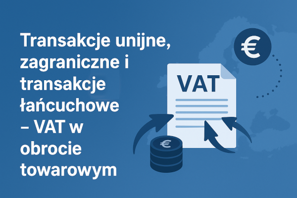 Mapa Europy z zaznaczonymi kierunkami przepływu towarów między Warszawą, Szwajcarią i Węgrami oraz ikoną VAT i euro